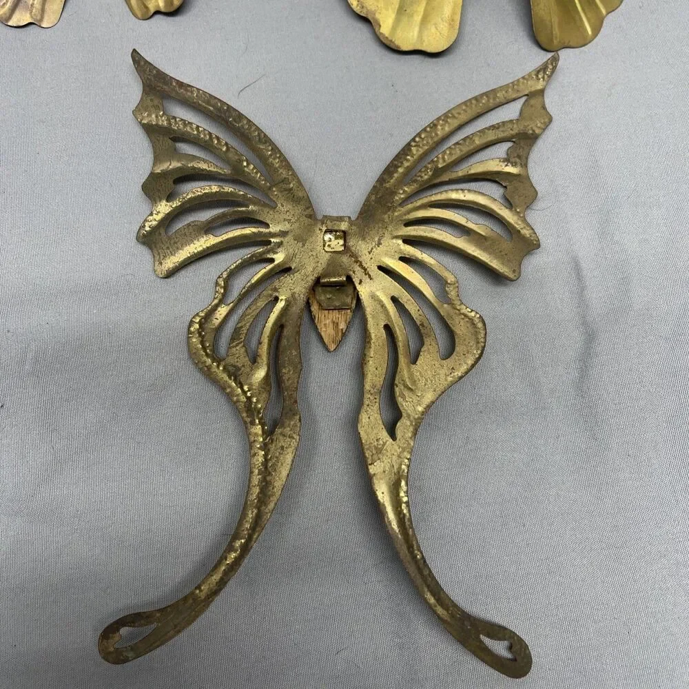 Vintage Brass Butterfly 3pc Wall Art Sculpture Hanging Decor Metal Wood Gold MCM